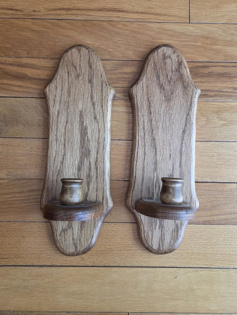 Vintage 90s Wooden Wall Candle Sconces in Brown - Unbranded